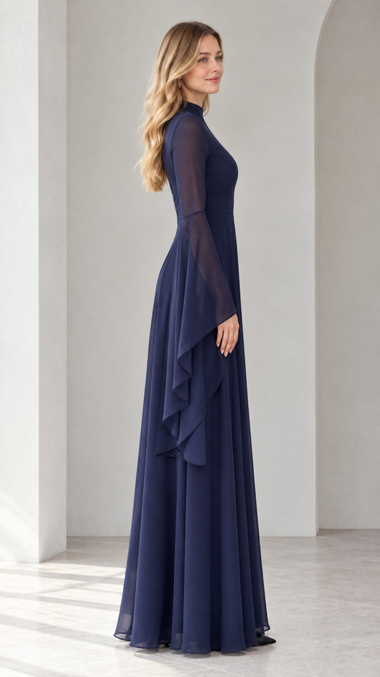 Side profile of navy blue floor-length chiffon dress showing cascading sleeve drape