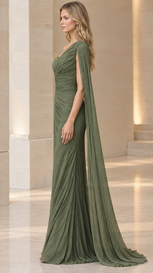 Side profile of olive green cape sleeve formal maxi dress with train
