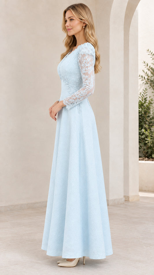 Light Blue lace A-line formal gown side view