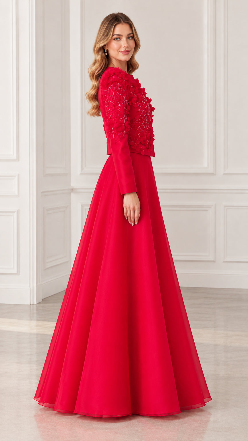 Red 3D floral embellished formal dress side profile