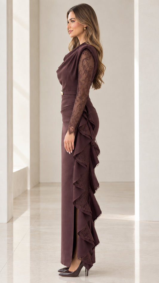 Side angle view of model wearing Chocolate Brown lace sleeve maxi dress showing side ruffles