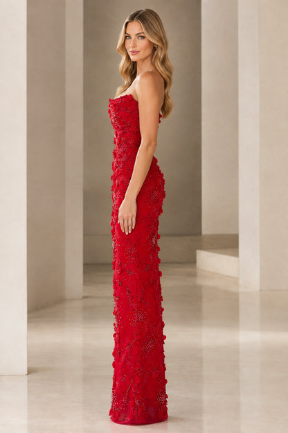 Side profile of red strapless floral embellished maxi formal dress