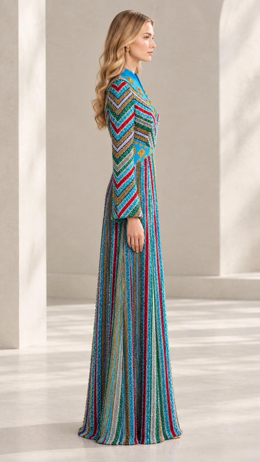 Side profile of Turquoise Blue striped formal kaftan dress