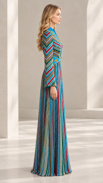 Side profile of Turquoise Blue striped formal kaftan dress