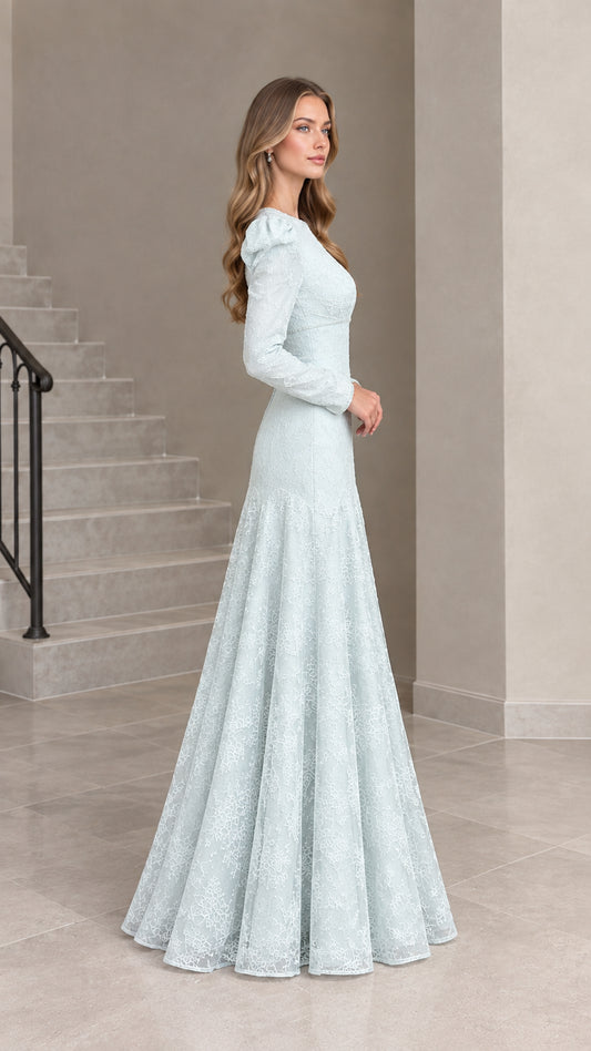 Ice blue formal lace maxi dress side profile view
