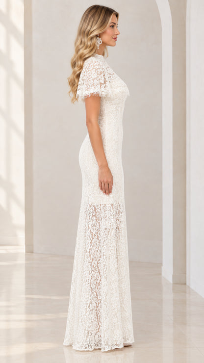Side profile of woman wearing ivory floral lace floor length formal dress
