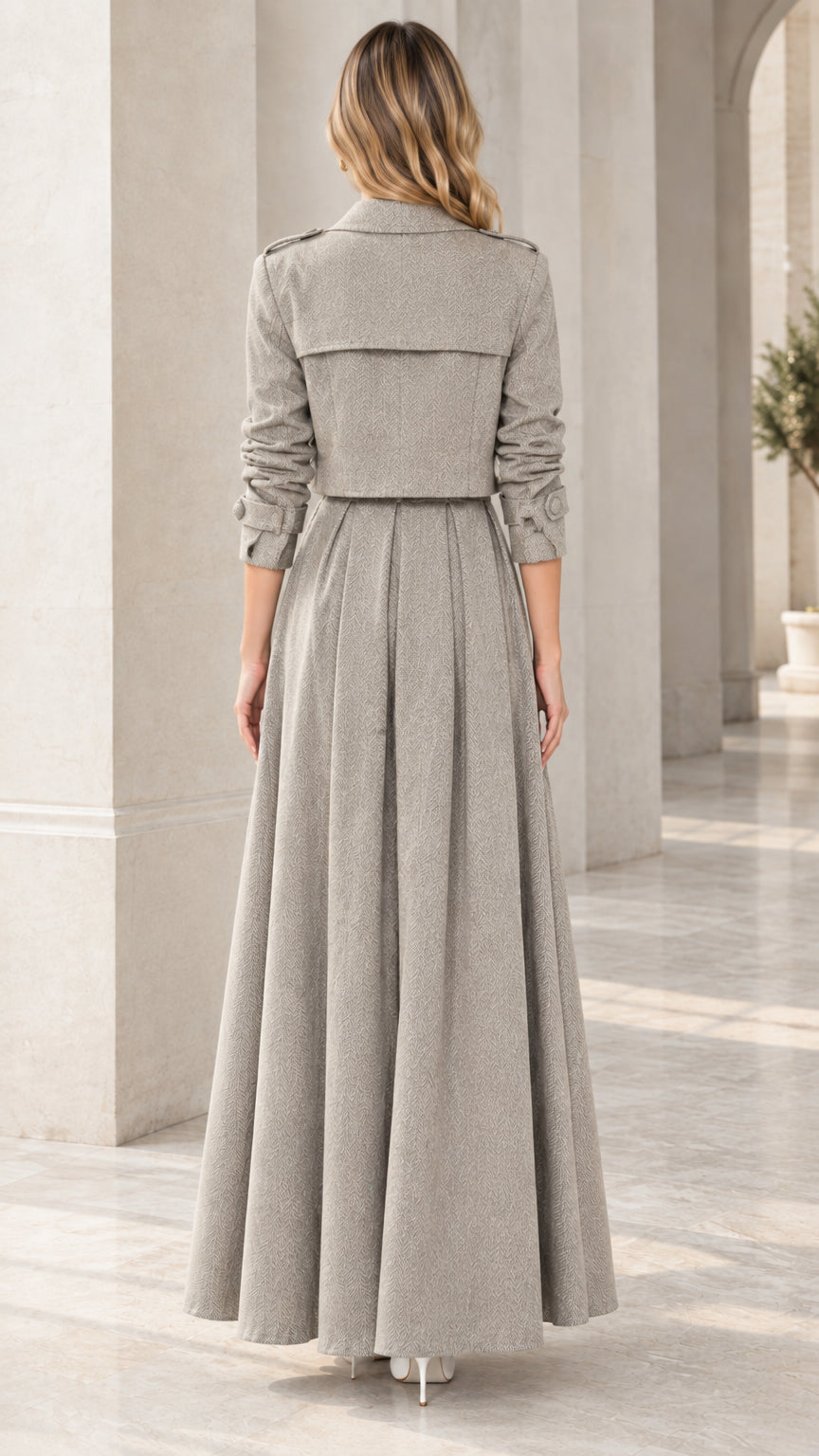 Back view of model wearing Heather Grey cropped blazer jacket and pleated maxi skirt