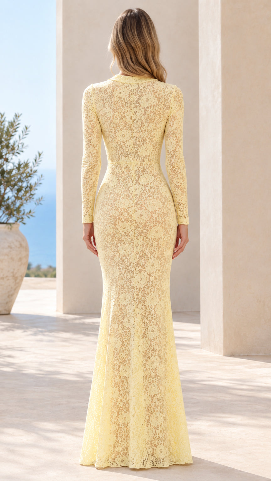 Back view of model wearing butter yellow fitted long sleeve lace maxi dress