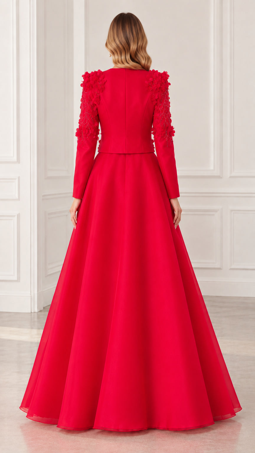 Red long sleeve A-line formal gown back view