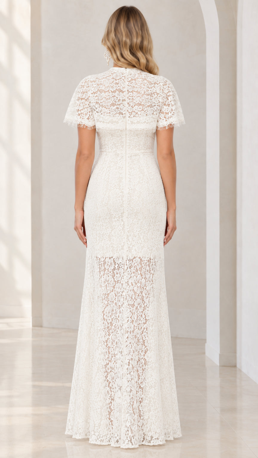 Back view of ivory high neck lace evening gown with short flutter sleeves