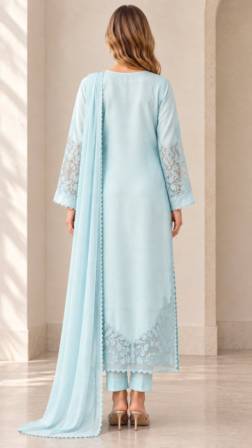 Back view of model wearing sky blue long tunic set with draped dupatta