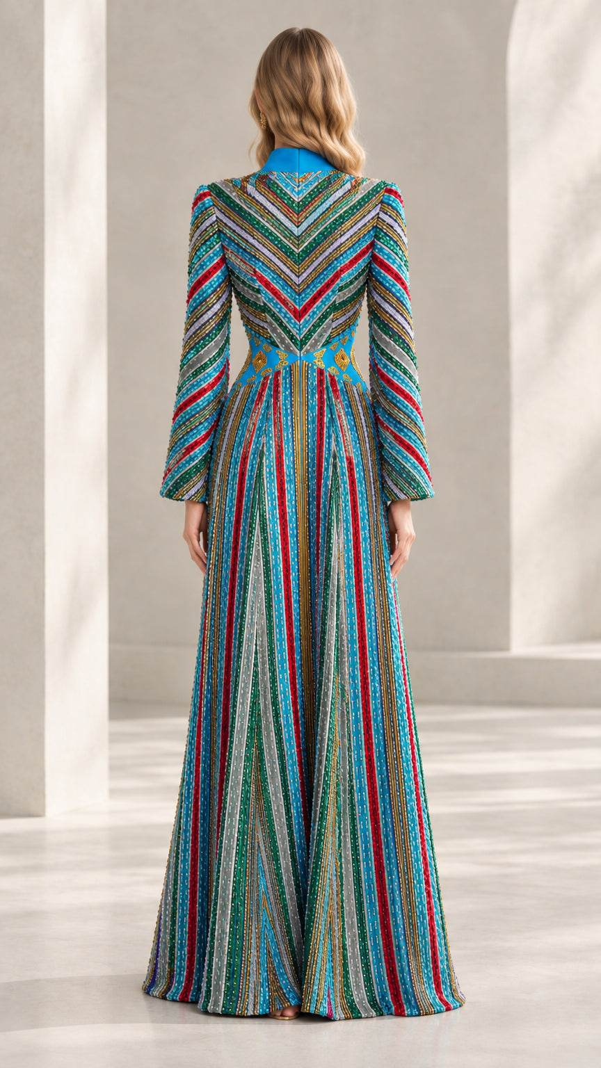 Back view of Turquoise Blue chevron and striped maxi dress