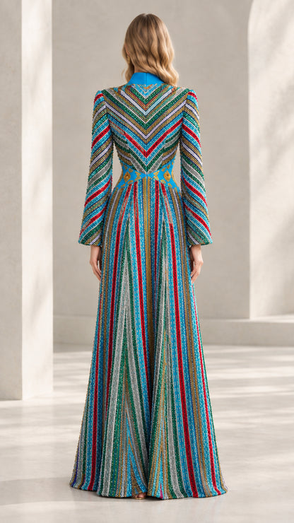 Back view of Turquoise Blue chevron and striped maxi dress