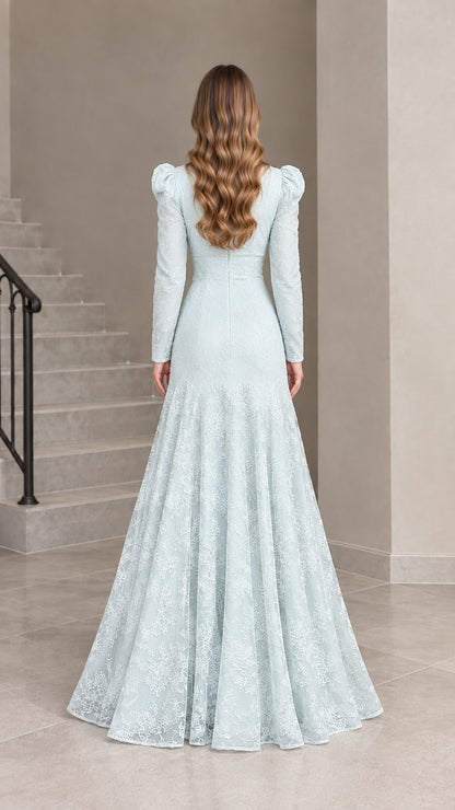 Ice blue long sleeve lace evening dress back view showing zipper and fit