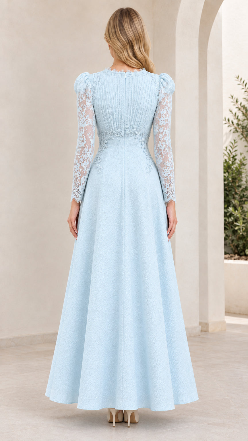 Light Blue long sleeve evening dress back view