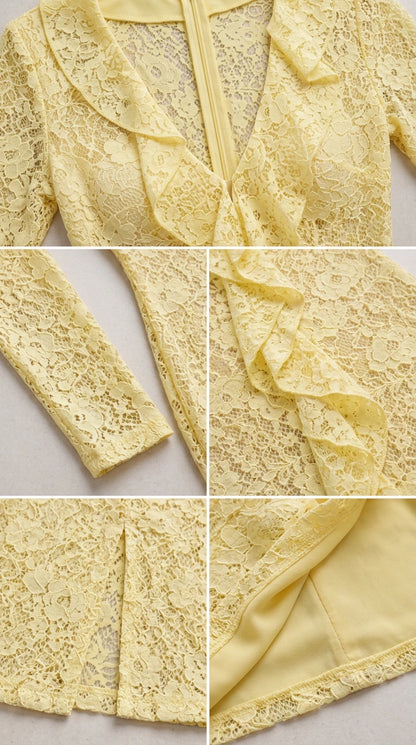 Close-up details of butter yellow floral lace fabric, ruffles, cuffs, and inner lining