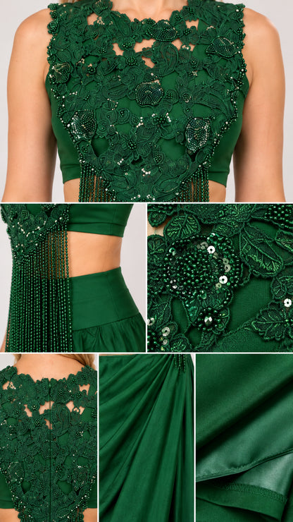 Close-up details of floral embroidery, beading, fringe, and satin draping