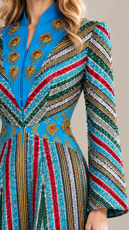Close-up detail of brooch-embellished collar and bodice in Turquoise Blue