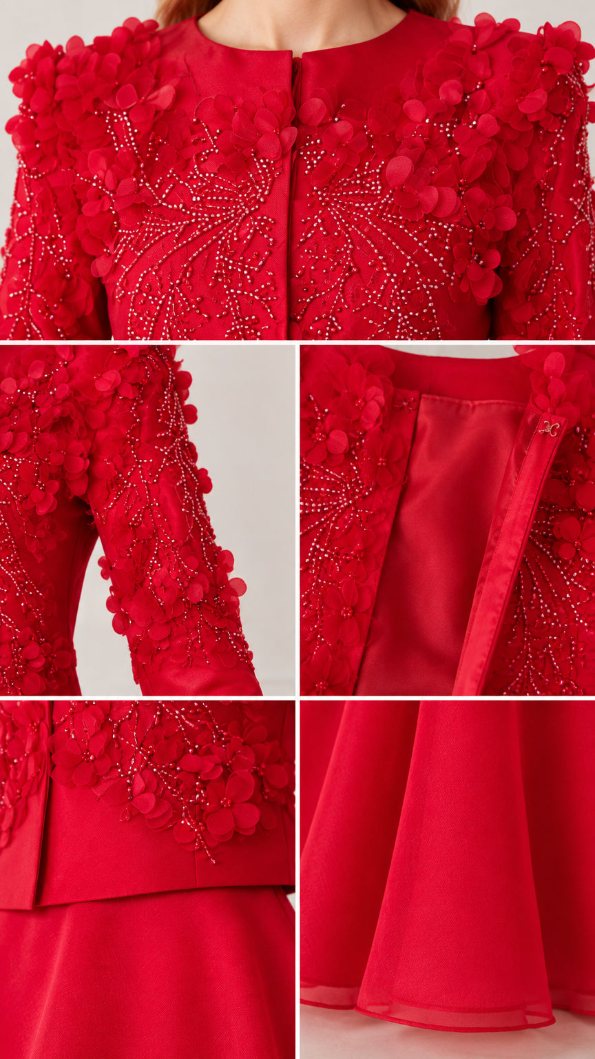 Close-up details of 3D floral petals, beading, zipper, and hem on red gown