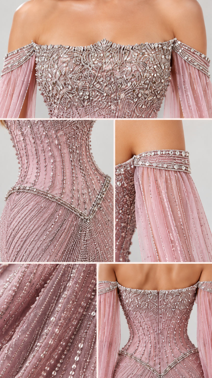 Detailed closeups of intricate beadwork, bodice construction, and shoulder embellishments