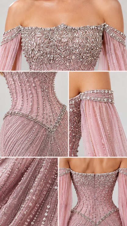 Detailed closeups of intricate beadwork, bodice construction, and shoulder embellishments