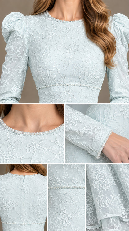 Detailed close-up of beaded neckline, cuffs, waist trim, and floral lace fabric