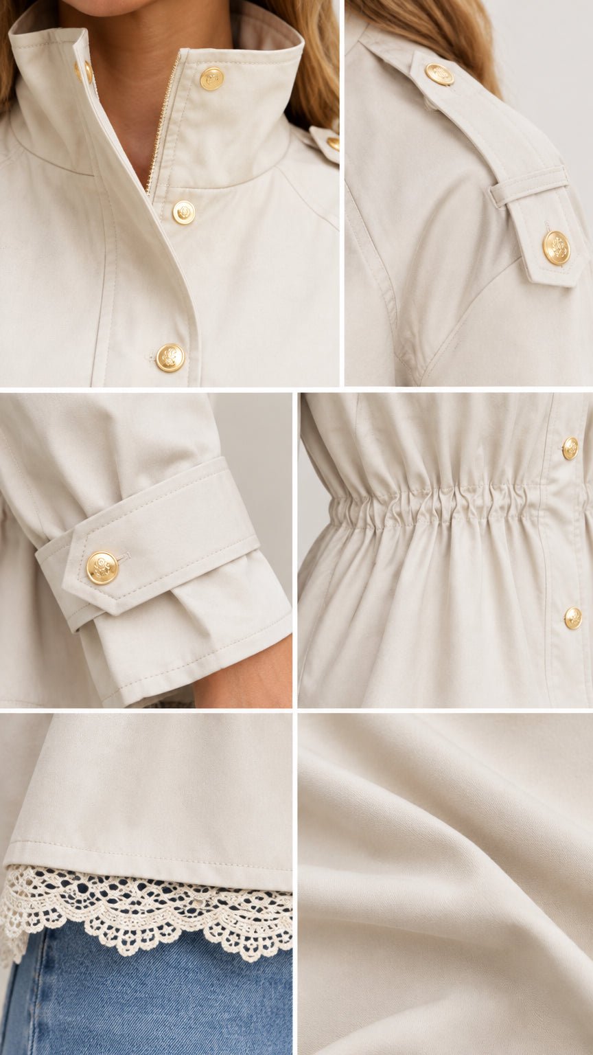 Detailed close-up collage of stand collar, gold button epaulet, cuff tab, and scalloped lace hem