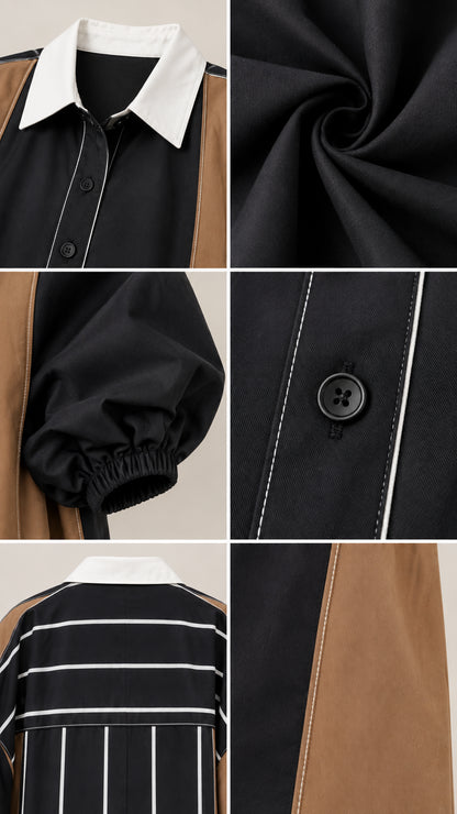 Close-up details of collar, buttons, elastic cuff, and fabric texture
