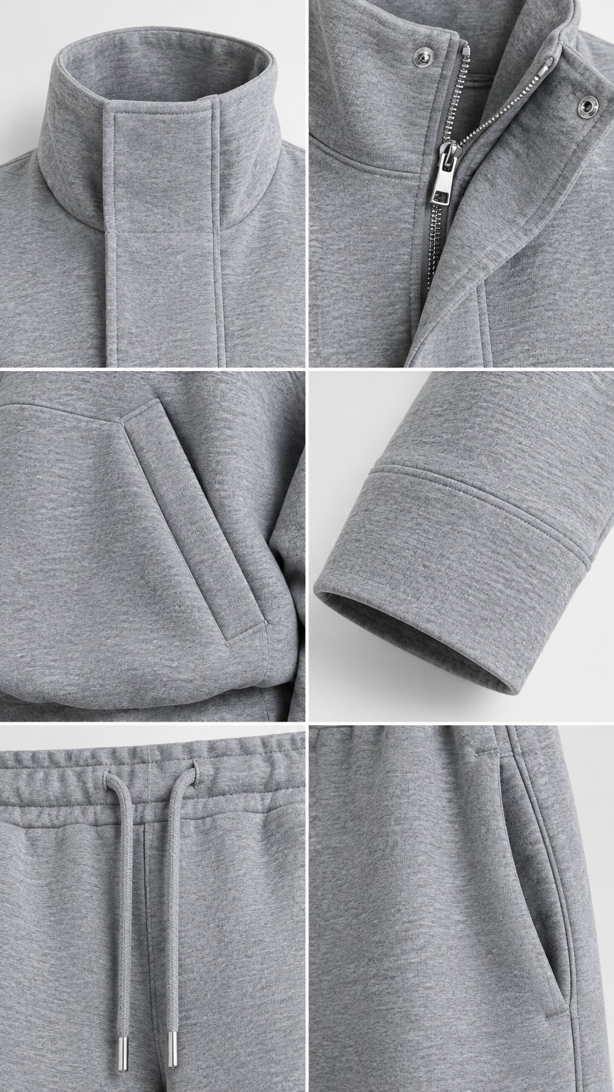Close-up details of funnel neck collar, zipper placket, cuffs, and drawstring pockets