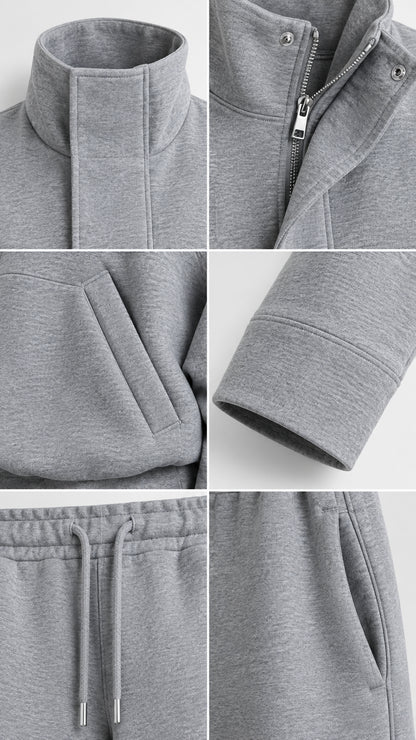 Close-up details of funnel neck collar, zipper placket, cuffs, and drawstring pockets