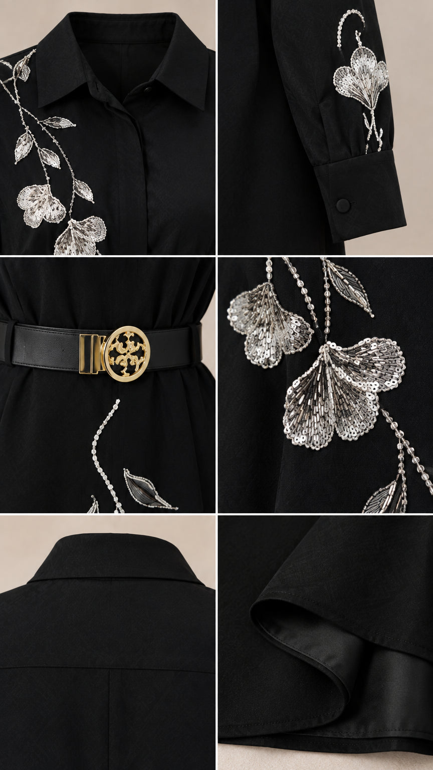 Close-up details of sequin floral embroidery, collar, cuffs, and belt buckle