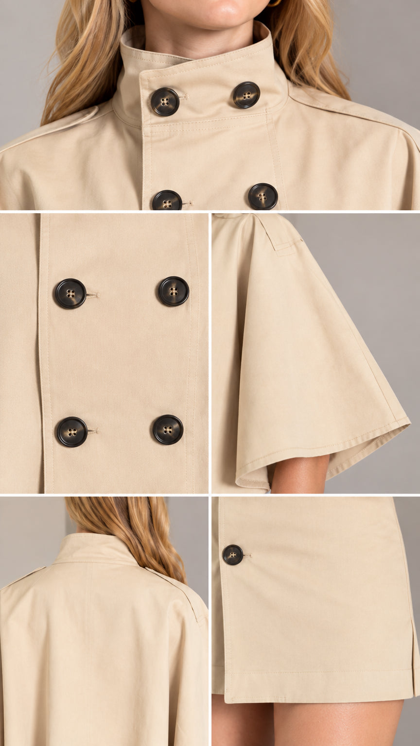 Close-up details of collar buttons, cape sleeve tailoring, and skirt hem