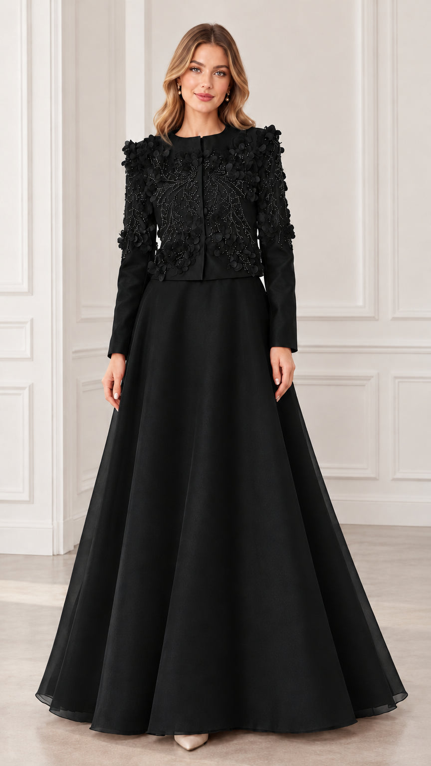 Black 3D floral applique long sleeve formal maxi dress