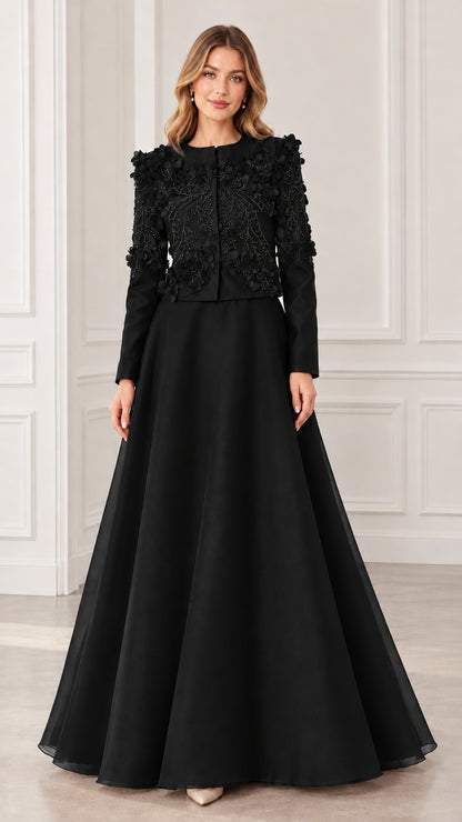 Black 3D floral applique long sleeve formal maxi dress