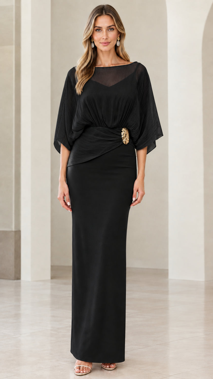 Black chiffon capelet evening maxi dress with waist brooch