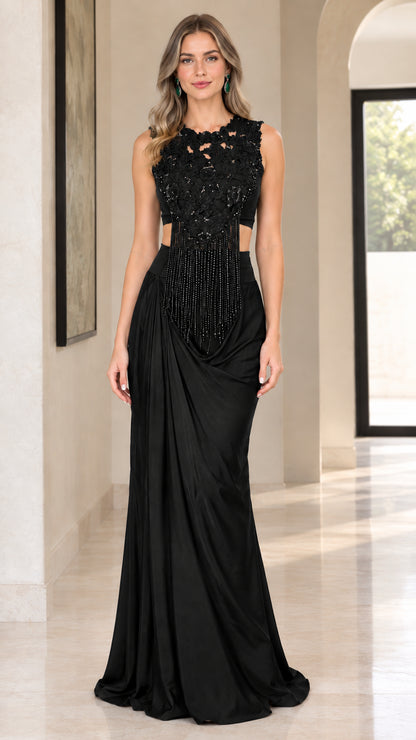 Full-length front view of the beaded fringe evening dress in Black