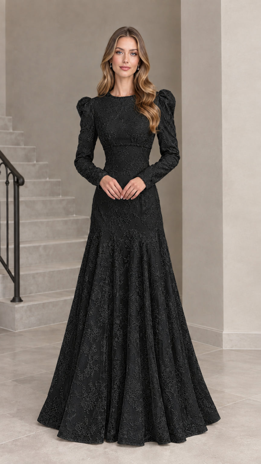 Black long sleeve lace evening gown with puff shoulders