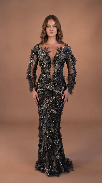 Front view of model in Black beaded 3D petal long sleeve mermaid evening dress