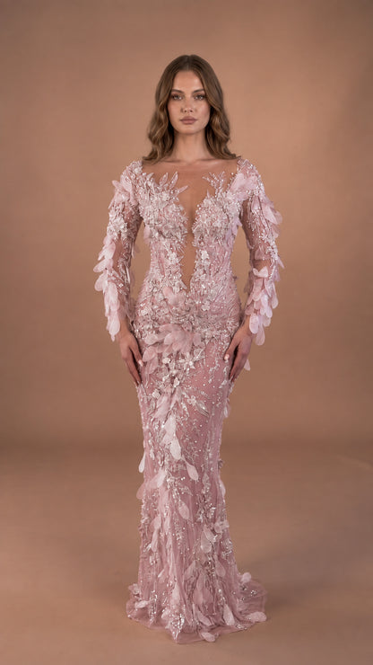 Front view of model in Blush Pink embellished sheer illusion mermaid evening gown