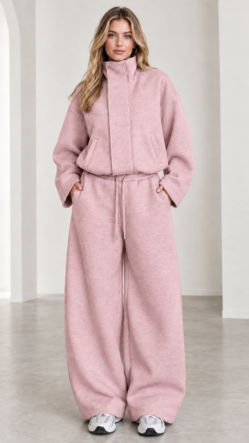 Women's dusty pink relaxed funnel neck top and wide leg sweatpants set