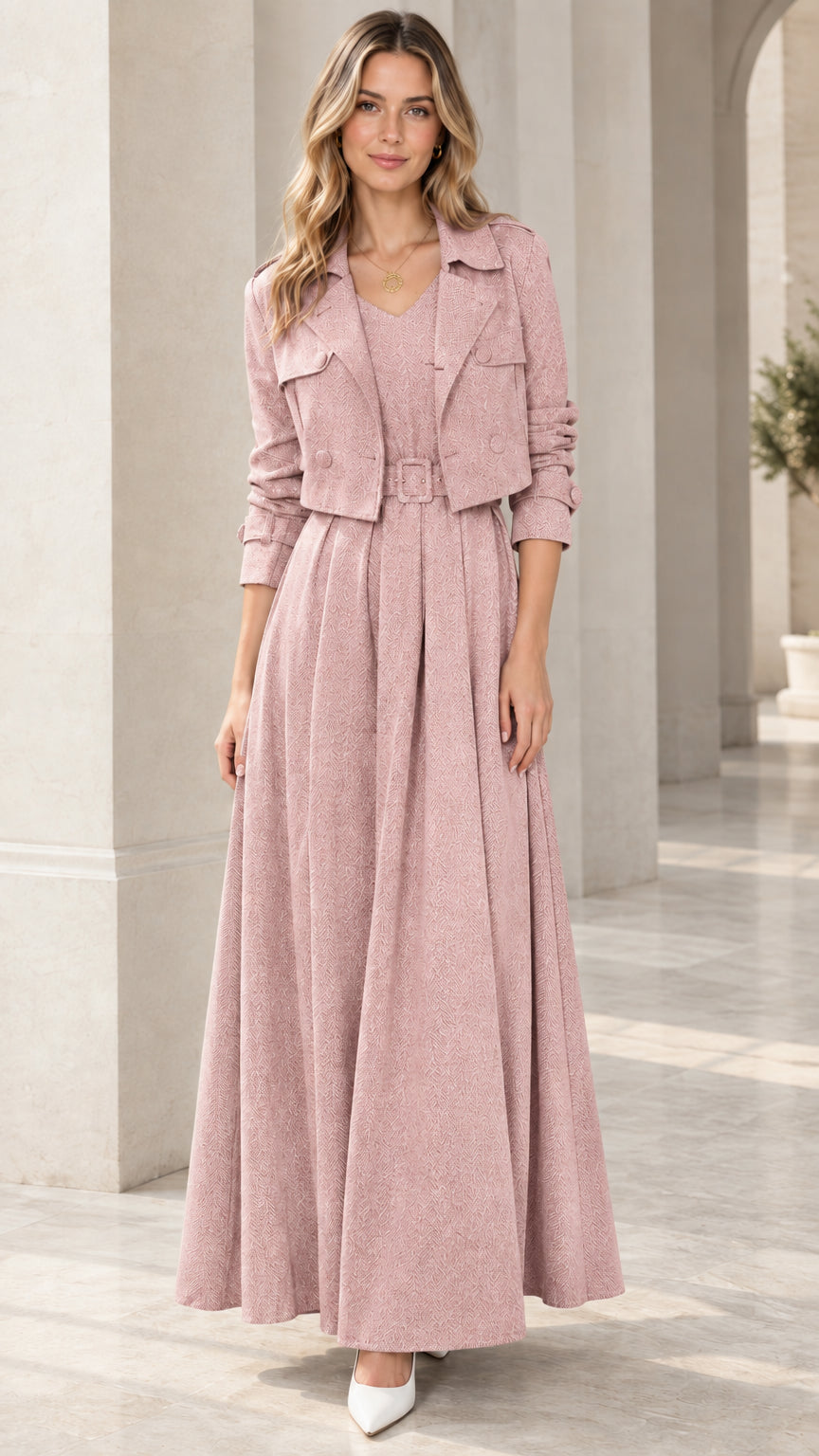 Full front view of model wearing Dusty Pink cropped jacket and pleated maxi dress set