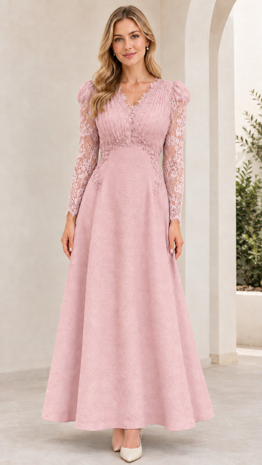 Dusty Pink lace long sleeve A-line formal maxi gown