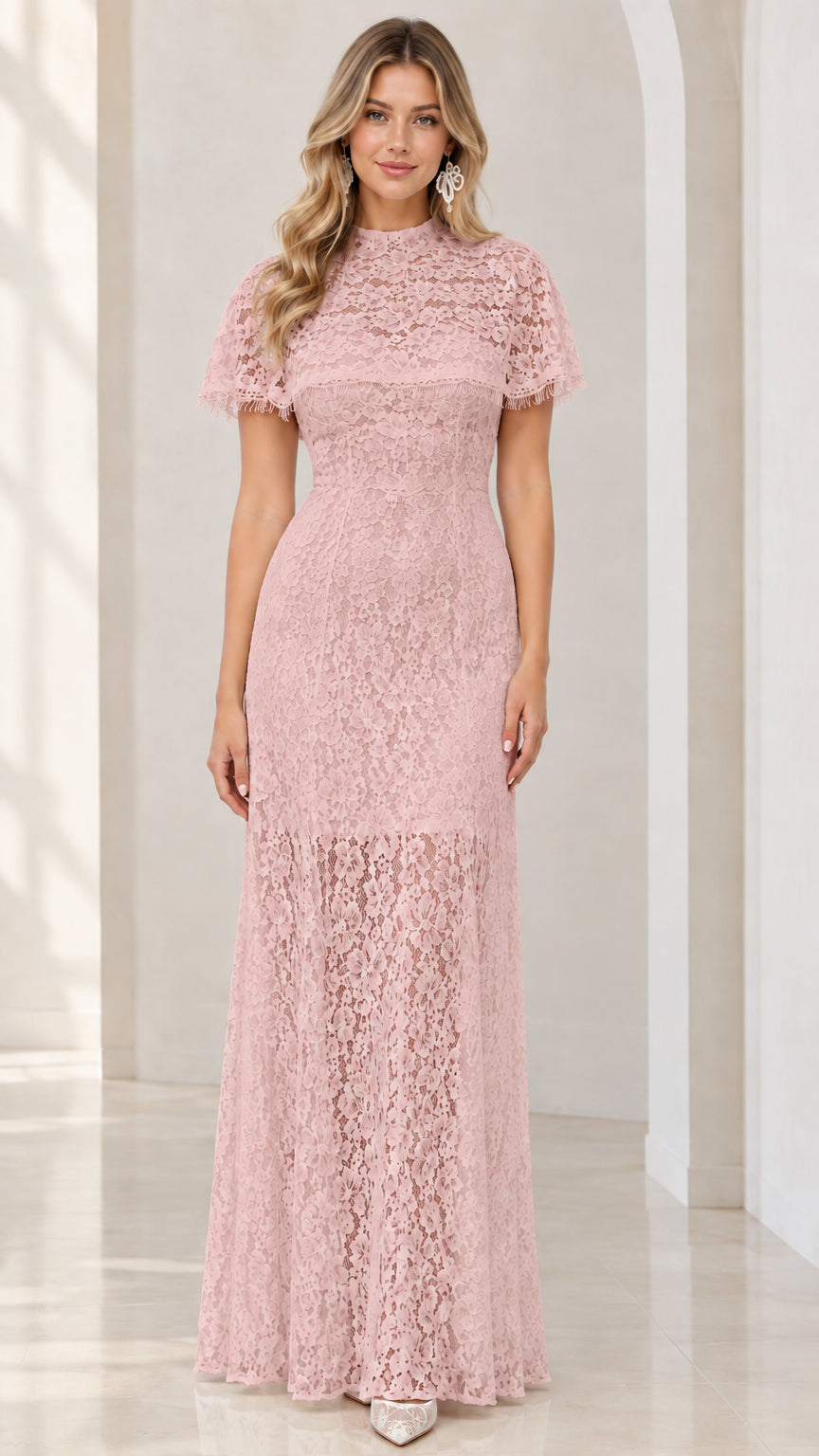 Blush pink floral lace high neck maxi dress front view