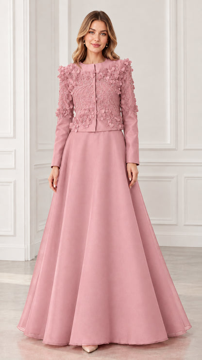 Dusty pink 3D floral applique evening gown set