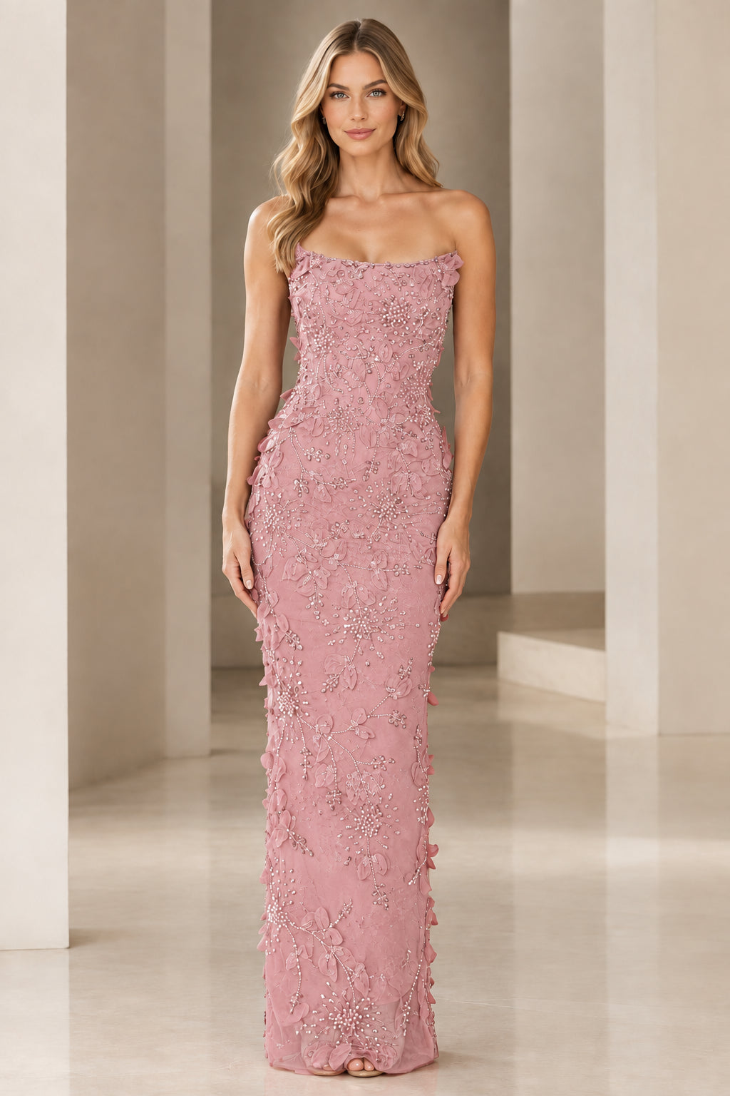 Front view of strapless 3D floral beaded column gown in dusty pink