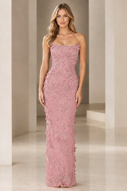 Front view of strapless 3D floral beaded column gown in dusty pink