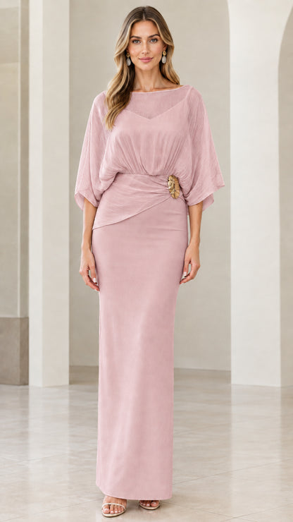 Dusty pink chiffon capelet formal maxi gown
