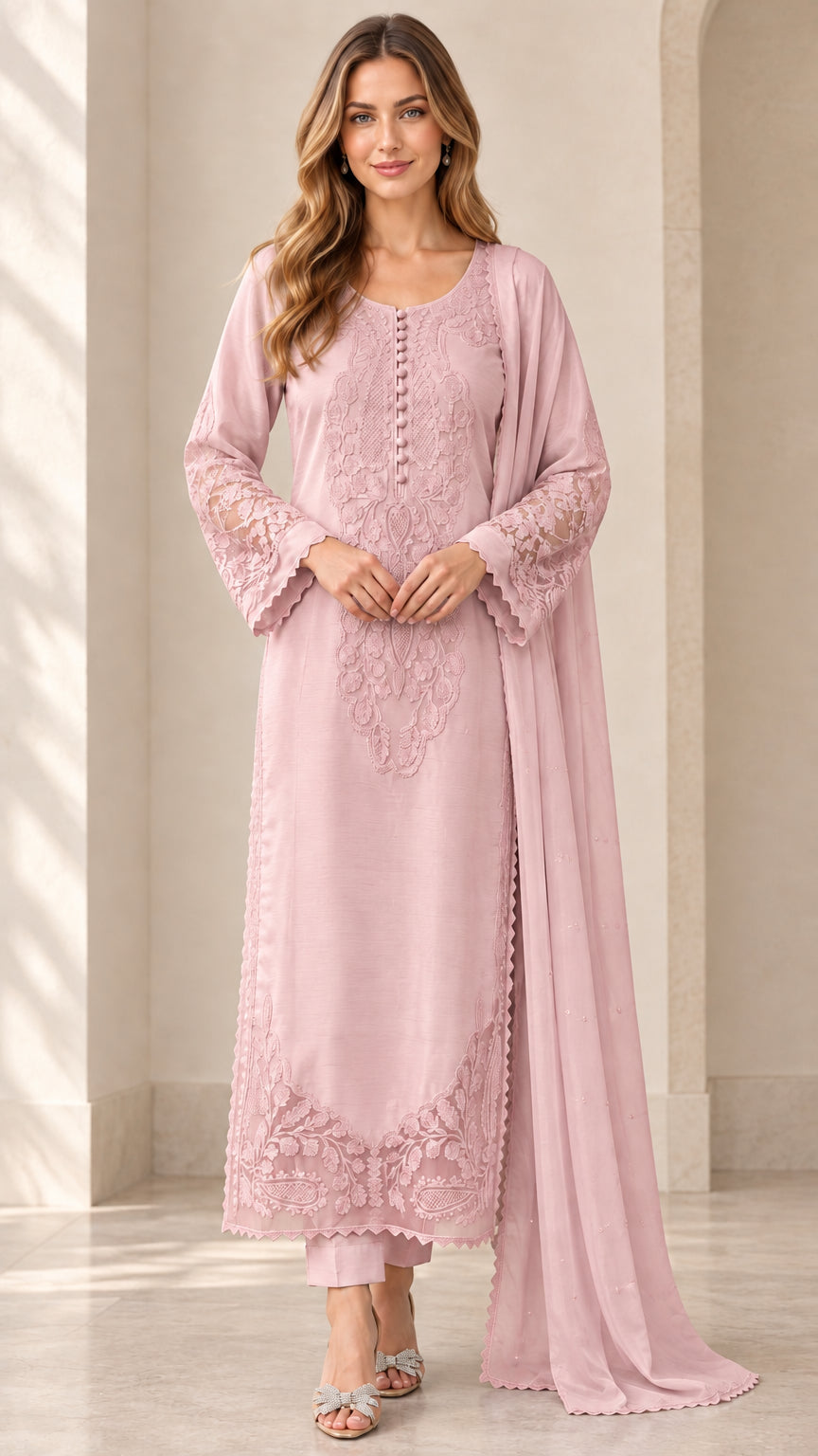 Model wearing blush pink embroidered 3-piece tunic set with matching scarf