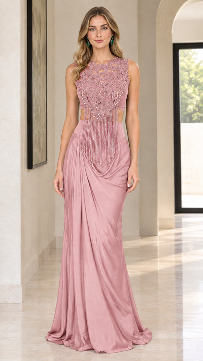 Full-length front view of the beaded fringe evening dress in Dusty Rose