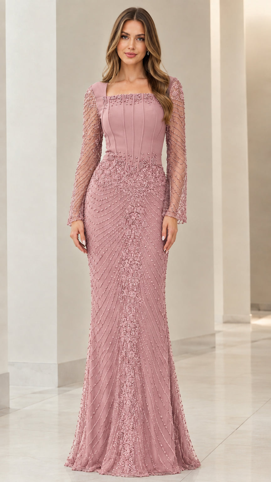 Dusty Rose square neck beaded long sleeve formal evening gown